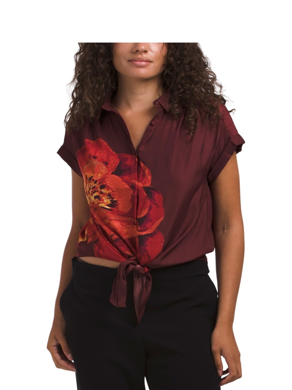 Rose & Olive Burgundy Tie-Front Floral Blouse
